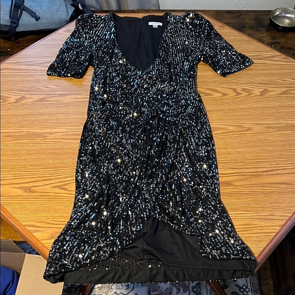 Calvin Klein Black Sequence Flare Dress (Size 12) - Picture 2 of 6